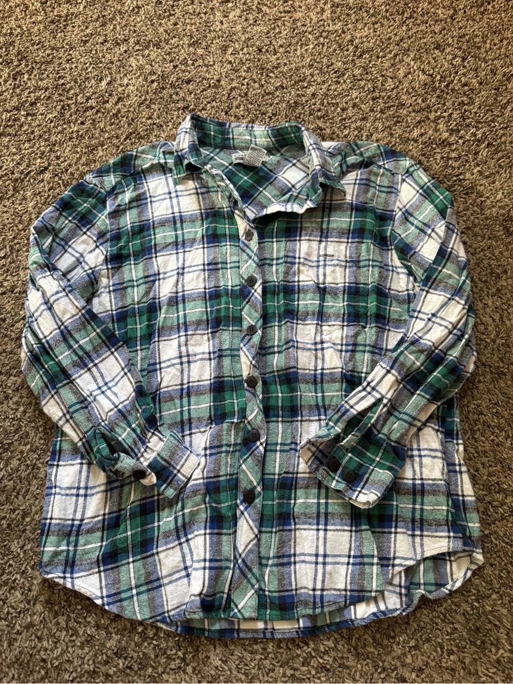 Cabin Creek Green Blue White Plaid Button-Down Shirt